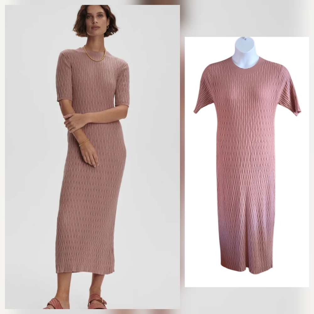VARLEY Fara Textured Knit Midi Dress Woodrose Pink Quiet Luxury NWT Viscose Sz L